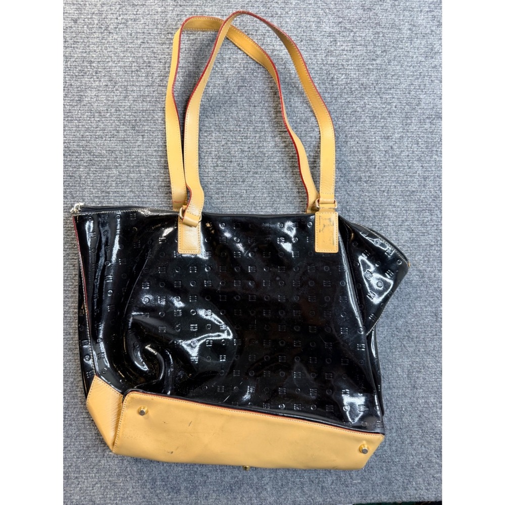 Arcadia Italy Black Patent Leather Embossed Logo Tote Bag Tan Trim Shoulder Bag